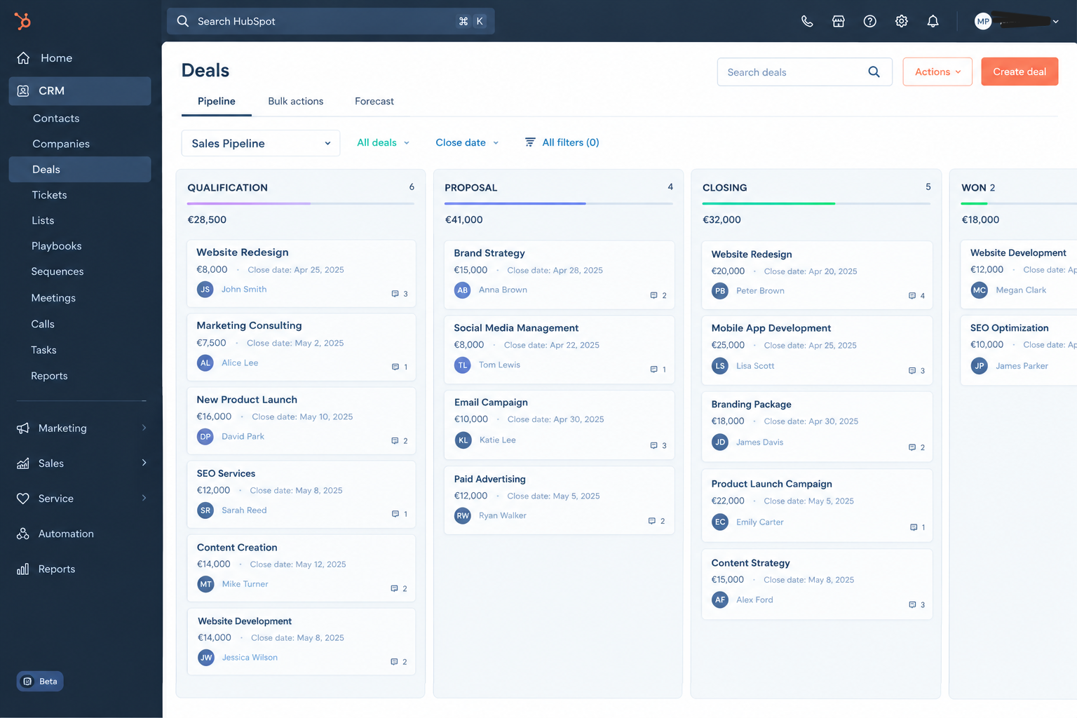 HubSpot CRM dashboard interface
