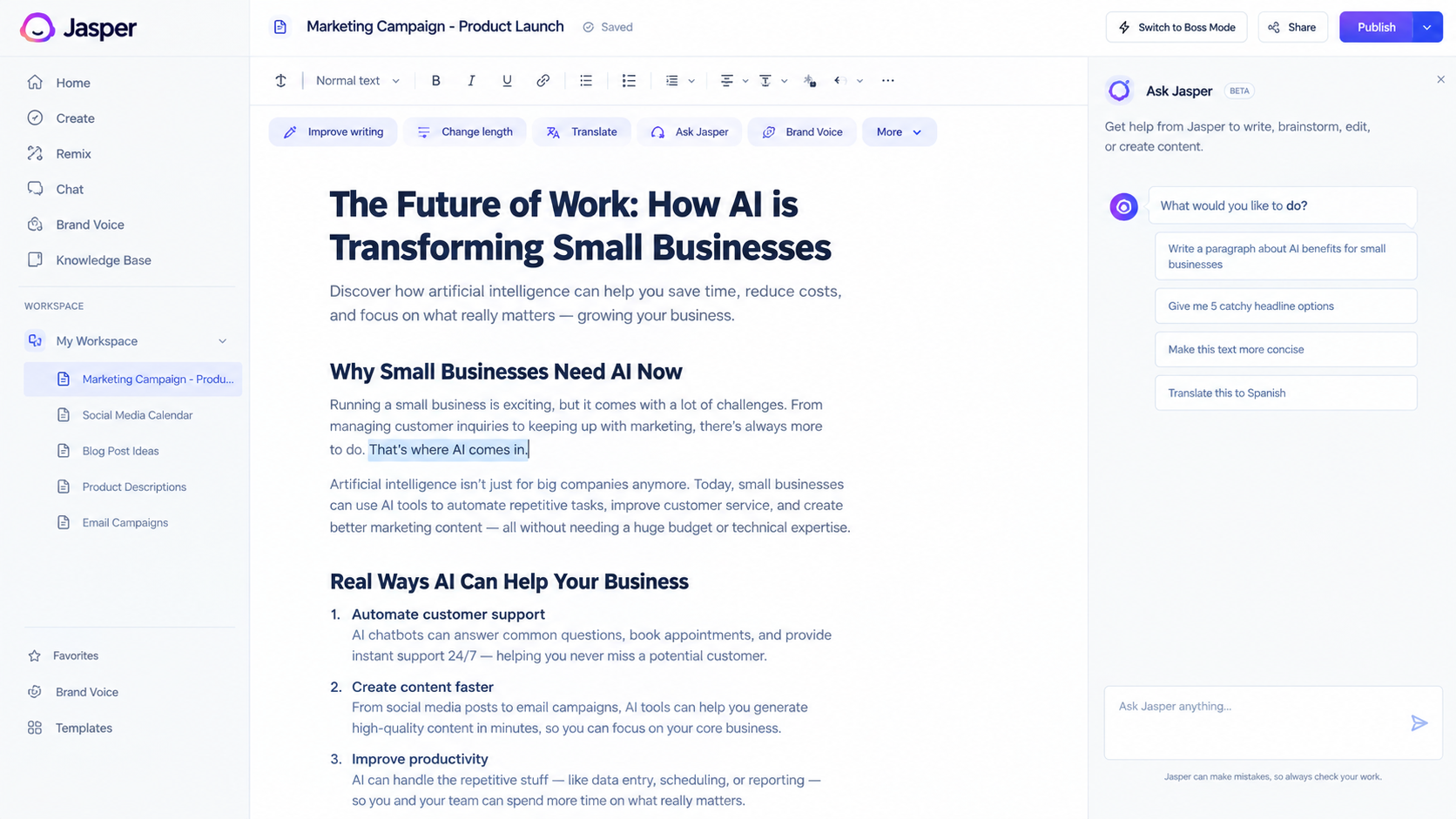 Jasper AI writing assistant interface